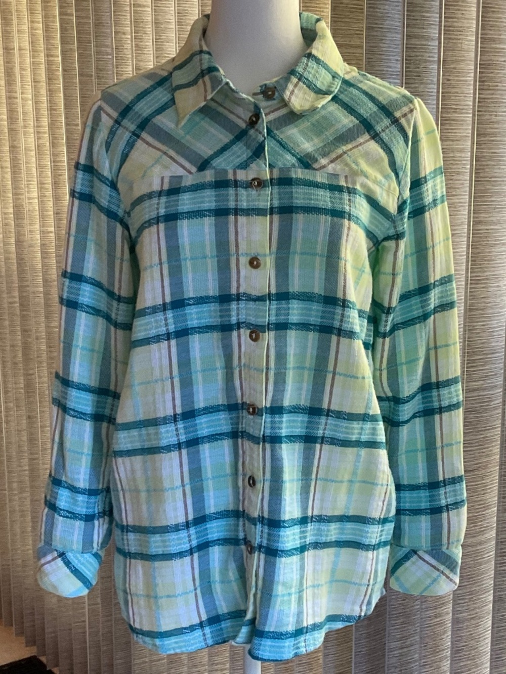 Soft Surroundings Teal, Light Blue & Lime Cotton Plaid Shirt S
